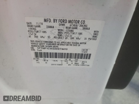 2010 Ford F-150 XL с VIN 1FTMF1CW3AKE74410, выставлен на аукционе Copart как лот 57287195 с пробегом 154 739 миль миль и На запчасти • Non repairable. История ставок и продаж доступна на DreamBid. Изображение 12.