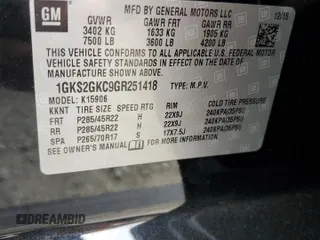 2016 GMC Yukon XL SLT with VIN 1GKS2GKC9GR251418, listed as a Copart auction lot 53750035 with 109,035 mi miles and Salvage Title. Bid and sale history available at DreamBid. Image 15.