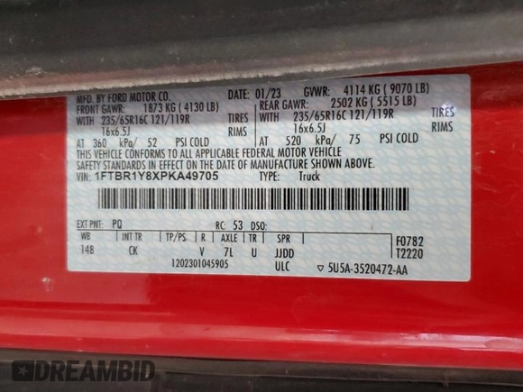 2023 Ford Transit Cargo with VIN 1FTBR1Y8XPKA49705, listed as a Copart auction lot 50873805 with 31,134 mi miles and Salvage Title. Bid and sale history available at carsss.com. Image 12.