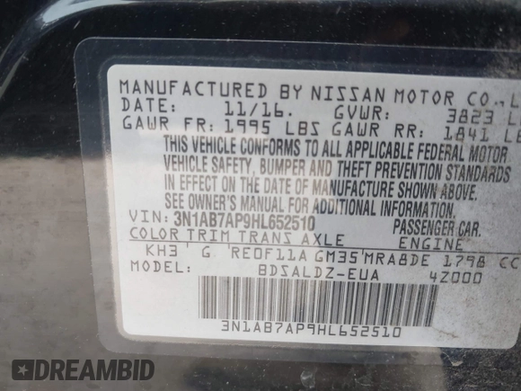2017 Nissan Sentra SV with VIN 3N1AB7AP9HL652510, listed as a IAAI auction lot 41919858 with 145,732 mi miles and . Bid and sale history available at DreamBid. Image 9.