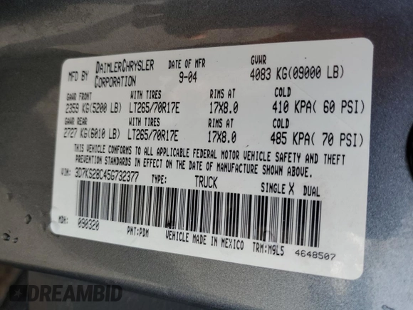2005 Dodge Ram 2500 SLT with VIN 3D7KS28C45G732377, listed as a Copart auction lot 78273354 with 49,069 mi miles and Salvage Title. Bid and sale history available at carsss.com. Image 13.