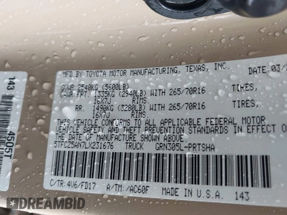 2020 Toyota Tacoma SR5 with VIN 5TFCZ5AN7LX231676, listed as a IAAI auction lot 42596728 with 101,362 mi miles and . Bid and sale history available at DreamBid. Image 9.