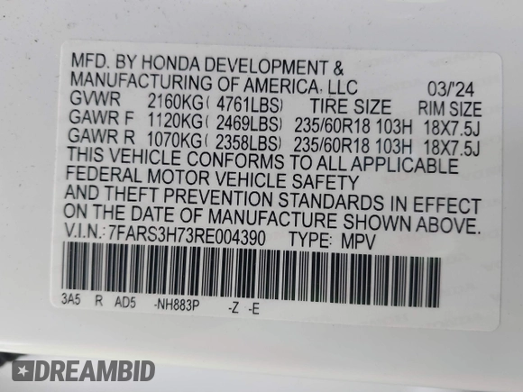 2024 Honda CR-V EX-L with VIN 7FARS3H73RE004390, listed as a IAAI auction lot 41698439 with Not Provided miles and . Bid and sale history available at DreamBid. Image 9.