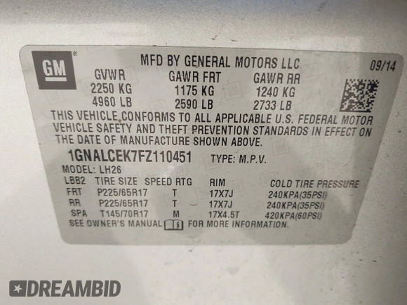 2015 Chevrolet Equinox LT with VIN 1GNALCEK7FZ110451, listed as a IAAI auction lot 41414460 with 160,705 mi miles. Bid and sale history available at carsss.com. Image 9.