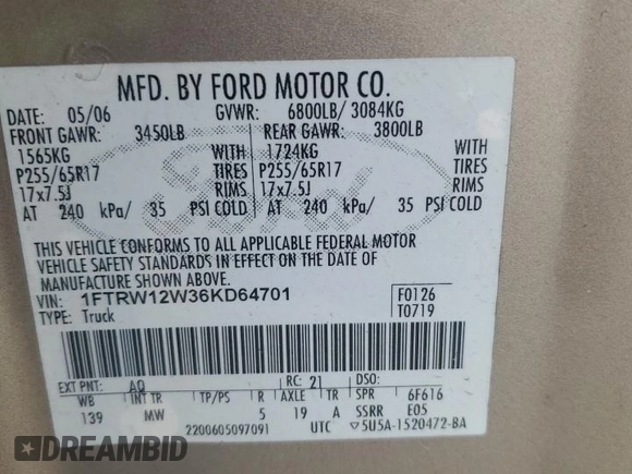 2006 Ford F-150 XLT с VIN 1FTRW12W36KD64701, выставлен на аукционе Copart как лот 57050095 с пробегом 197 089 миль миль и Списание • Salvage title. История ставок и продаж доступна на DreamBid. Изображение 12.