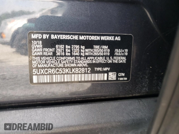 2019 BMW X5 xDrive40i with VIN 5UXCR6C53KLK82812, listed as a Copart auction lot 57246935 with Not provided miles and Salvage title. Bid and sale history available at DreamBid. Image 13.