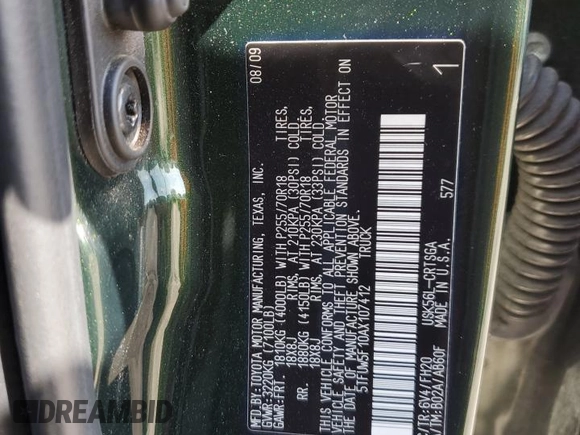 2010 Toyota Tundra 4WD Truck with VIN 5TFUW5F10AX107412, listed as a Copart auction lot 65581734 with 120,120 mi miles and Salvage Title. Bid and sale history available at carsss.com. Image 12.