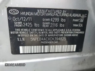 2012 Hyundai Sonata GLS with VIN 5NPEB4ACXCH394825, listed as a Copart auction lot 53689925 with 181,314 mi miles and Clean Title. Bid and sale history available at carsss.com. Image 12.