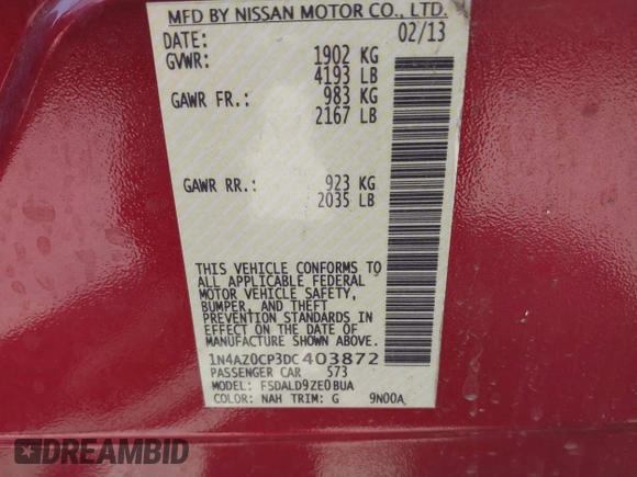 2013 Nissan LEAF SL with VIN 1N4AZ0CP3DC403872, listed as a IAAI auction lot 41669356 with 65,955 mi miles. Bid and sale history available at carsss.com. Image 9.