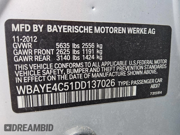 2013 BMW 7 Series 740Li with VIN WBAYE4C51DD137026, listed as a Copart auction lot 54016125 with 131,879 mi miles and Clean title. Bid and sale history available at DreamBid. Image 12.