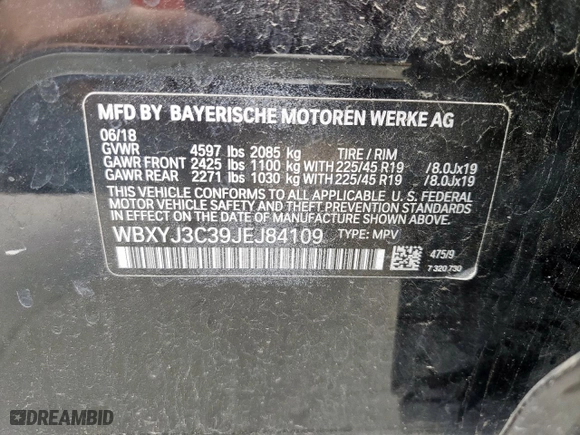 2018 BMW X2 sDrive28i with VIN WBXYJ3C39JEJ84109, listed as a Copart auction lot 53585265 with 123,495 mi miles and Clean Title. Bid and sale history available at carsss.com. Image 14.