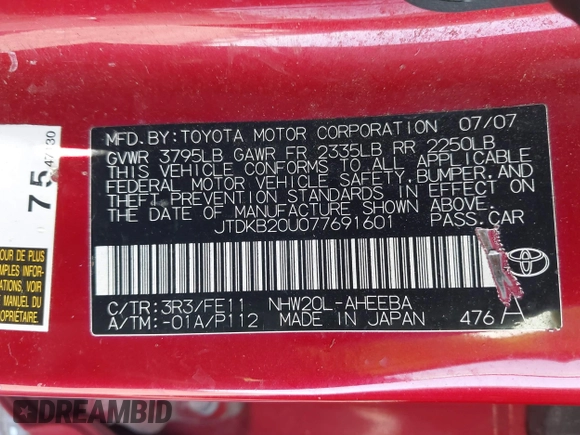 2007 Toyota Prius with VIN JTDKB20U077691601, listed as a IAAI auction lot 41969478 with Not Provided miles and . Bid and sale history available at DreamBid. Image 9.