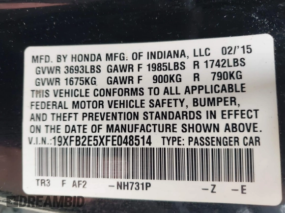 2015 Honda Civic Sedan LX with VIN 19XFB2E5XFE048514, listed as a IAAI auction lot 42067515 with 174,395 mi miles. Bid and sale history available at carsss.com. Image 9.