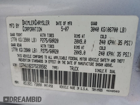 2007 Dodge 1500 Laramie with VIN 1D7HU18237S239582, listed as a Copart auction lot 60038875 with 341,524 mi miles and Salvage title. Bid and sale history available at DreamBid. Image 12.