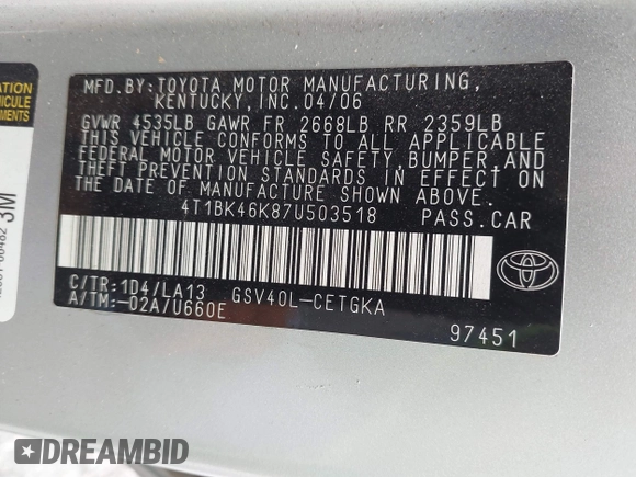 2007 Toyota Camry LE with VIN 4T1BK46K87U503518, listed as a IAAI auction lot 42163342 with 361,486 mi miles and . Bid and sale history available at DreamBid. Image 9.