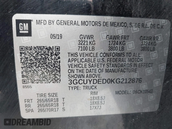 2019 Chevrolet Silverado 1500 LT with VIN 3GCUYDED0KG212876, listed as a IAAI auction lot 41975622 with 151,609 mi miles and . Bid and sale history available at DreamBid. Image 9.