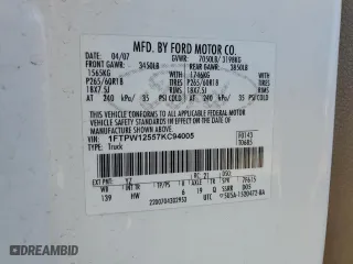 2007 Ford F-150 XLT with VIN 1FTPW12557KC94005, listed as a Copart auction lot 46897305 with 0 mi miles and Salvage Title. Bid and sale history available at carsss.com. Image 12.