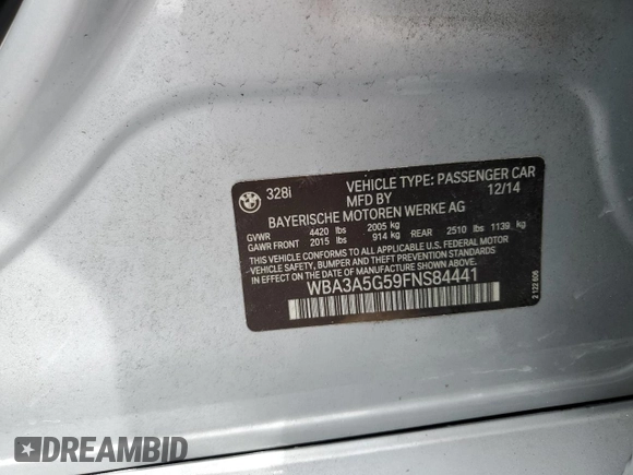 2015 BMW 3 Series 328i z VIN WBA3A5G59FNS84441, wystawiony jako Copart lot #63159925 z przebiegiem 89 735 mil mil oraz Czysty tytuł • Clean title. Historia ofert i sprzedaży dostępna na DreamBid. Obrazek 12.