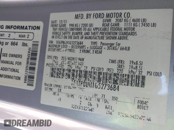2016 Ford Mustang EcoBoost Premium with VIN 1FATP8UH1G5273684, listed as a IAAI auction lot 41653255 with 108,183 mi miles and . Bid and sale history available at DreamBid. Image 9.