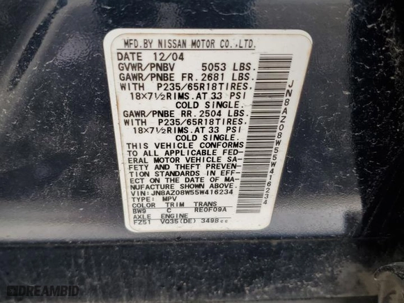 2005 Nissan Murano SL with VIN JN8AZ08W55W416234, listed as a Copart auction lot 83548504 with 166,291 mi miles and Salvage Title. Bid and sale history available at carsss.com. Image 15.