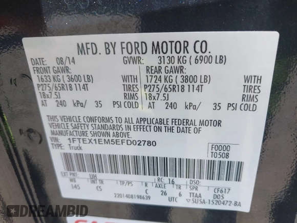 2014 Ford F-150 XL z VIN 1FTEX1EM5EFD02780, wystawiony jako IAAI lot #41737983 z przebiegiem 166 508 mil mil oraz . Historia ofert i sprzedaży dostępna na DreamBid. Obrazek 9.