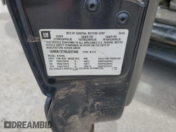 2005 Chevrolet Tahoe LT z VIN 1GNEK13T45J227440, wystawiony jako Copart lot #57209765 z przebiegiem Nie podano mil oraz Szkoda całkowita • Salvage title. Historia ofert i sprzedaży dostępna na DreamBid. Obrazek 13.
