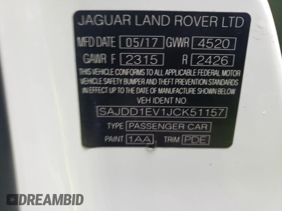 2018 Jaguar F-Type with VIN SAJDD1EV1JCK51157, listed as a Copart auction lot 84055914 with 66,341 mi miles and Clean Title. Bid and sale history available at DreamBid. Image 12.