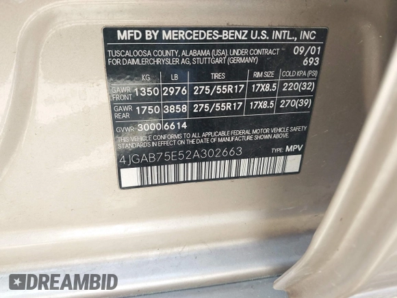 2002 Mercedes-Benz M 320/430/500 with VIN 4JGAB75E52A302663, listed as a IAAI auction lot 41865160 with 231,223 mi miles and . Bid and sale history available at DreamBid. Image 9.