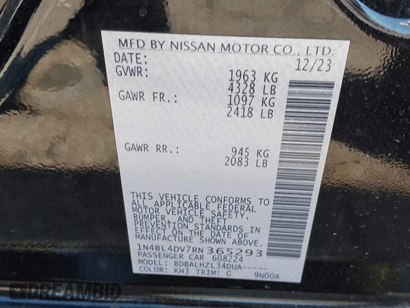 2024 Nissan Altima SV with VIN 1N4BL4DV7RN365293, listed as a IAAI auction lot 41795920 with 28,939 mi miles and . Bid and sale history available at carsss.com. Image 9.
