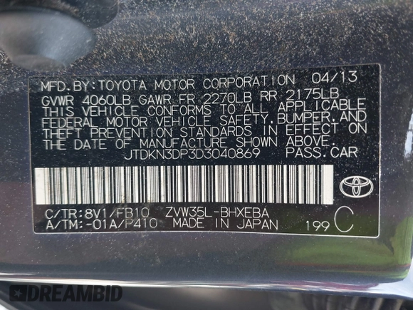 2013 Toyota Prius with VIN JTDKN3DP3D3040869, listed as a IAAI auction lot 42197022 with 174,115 mi miles and . Bid and sale history available at DreamBid. Image 9.