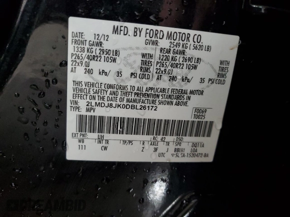 2013 Lincoln MKX z VIN 2LMDJ8JK0DBL26172, wystawiony jako Copart lot #54332155 z przebiegiem 158 182 mil mil oraz Szkoda całkowita • Salvage title. Historia ofert i sprzedaży dostępna na DreamBid. Obrazek 13.