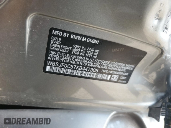 2019 BMW M5 z VIN WBSJF0C57KB447306, wystawiony jako Copart lot #71837424 z przebiegiem Nie podano mil oraz Szkoda całkowita • Salvage title. Historia ofert i sprzedaży dostępna na DreamBid. Obrazek 13.