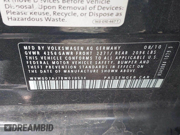 2011 Volkswagen GTI w/Sunroof & Navi PZEV z VIN WVWGD7AJ7BW070534, wystawiony jako IAAI lot #42159521 z przebiegiem 138 279 mil mil oraz . Historia ofert i sprzedaży dostępna na DreamBid. Obrazek 9.
