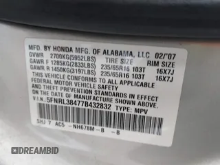 2007 Honda Odyssey EX with VIN 5FNRL38477B432832, listed as a IAAI auction lot 42153673 with 133,652 mi miles and . Bid and sale history available at DreamBid. Image 9.