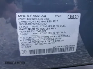 2024 Audi Q8 e-tron z VIN WA16AAGE0RB028245, wystawiony jako Copart lot #76139614 z przebiegiem 15 330 mil mil oraz Szkody całkowita. Historia ofert i sprzedaży dostępna na DreamBid. Obrazek 13.