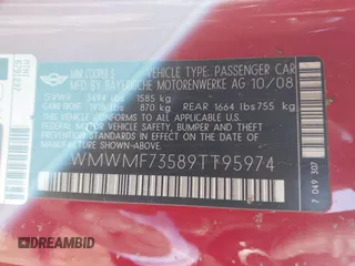2009 MINI Hardtop S with VIN WMWMF73589TT95974, listed as a IAAI auction lot 41617775 with Not provided miles and . Bid and sale history available at DreamBid. Image 9.