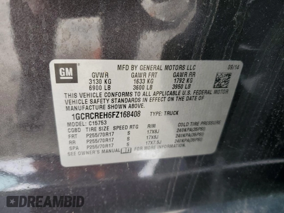 2015 Chevrolet Silverado 1500 LT with VIN 1GCRCREH6FZ168408, listed as a Copart auction lot 46620885 with 54,777 mi miles and Salvage Title. Bid and sale history available at carsss.com. Image 12.