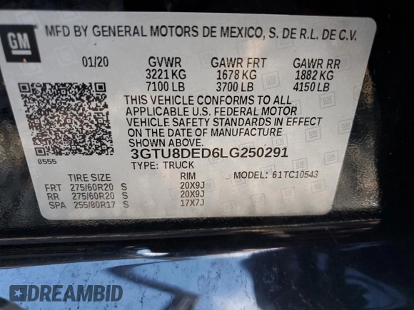 2020 GMC Sierra 1500 with VIN 3GTU8DED6LG250291, listed as a Copart auction lot 73858594 with 67,036 mi miles and Salvage Title. Bid and sale history available at DreamBid. Image 13.