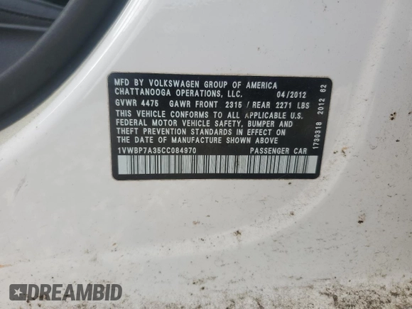 2012 Volkswagen Passat SE z VIN 1VWBP7A35CC084970, wystawiony jako Copart lot #54491265 z przebiegiem 75 497 mil mil oraz Szkoda całkowita • Salvage title. Historia ofert i sprzedaży dostępna na DreamBid. Obrazek 12.