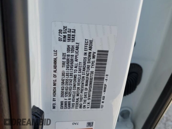 2021 Honda Pilot EX-L with VIN 5FNYF6H5XMB007730, listed as a Copart auction lot 53751955 with 71,097 mi miles and Salvage Title. Bid and sale history available at DreamBid. Image 12.
