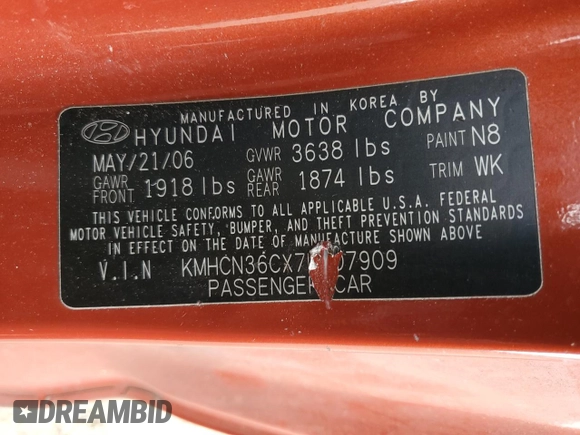 2007 Hyundai Accent SE with VIN KMHCN36CX7U007909, listed as a Copart auction lot 48319725 with 195,609 mi miles and Clean Title. Bid and sale history available at carsss.com. Image 12.