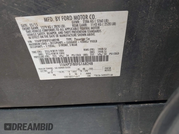2015 Ford Taurus Limited with VIN 1FAHP2F80FG168248, listed as a IAAI auction lot 42365214 with 152,218 mi miles and . Bid and sale history available at DreamBid. Image 9.