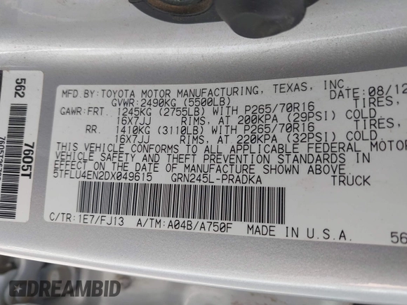 2013 Toyota Tacoma with VIN 5TFLU4EN2DX049615, listed as a IAAI auction lot 41893876 with 160,752 mi miles and . Bid and sale history available at DreamBid. Image 9.