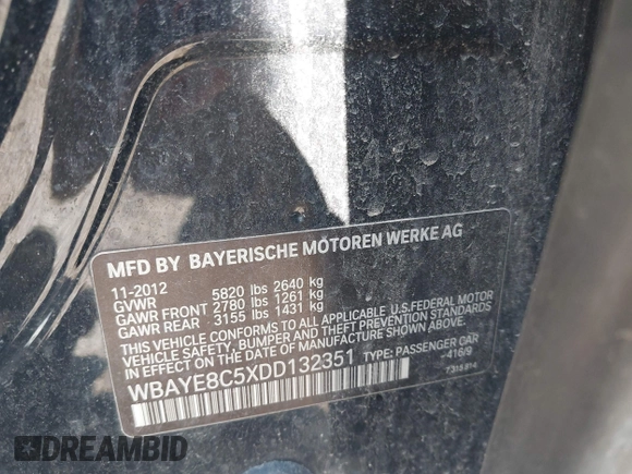 2013 BMW 7 Series 750Li с VIN WBAYE8C5XDD132351, выставлен на аукционе IAAI как лот 42229382 с пробегом 145 088 миль миль и . История ставок и продаж доступна на DreamBid. Изображение 9.