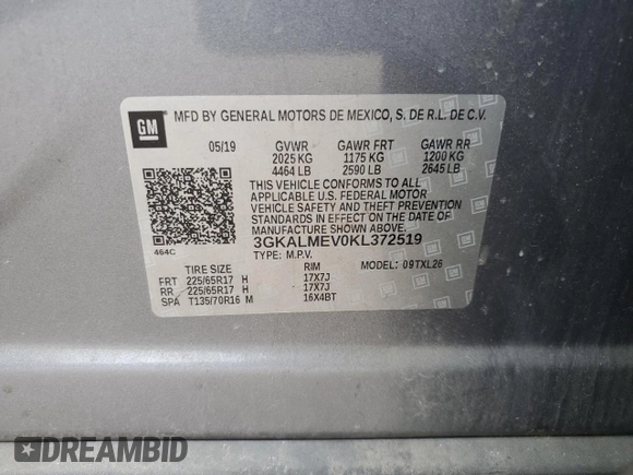 2019 GMC Terrain SLE with VIN 3GKALMEV0KL372519, listed as a Copart auction lot 56115415 with 199,591 mi miles and Salvage title. Bid and sale history available at DreamBid. Image 13.