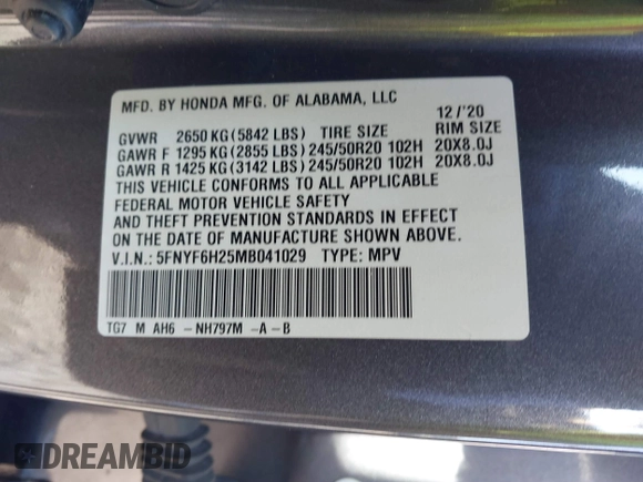 2021 Honda Pilot Special Edition with VIN 5FNYF6H25MB041029, listed as a IAAI auction lot 41894494 with 35,576 mi miles and . Bid and sale history available at DreamBid. Image 9.