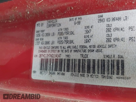 1999 Dodge 1500 z VIN 3B7HC13Y7XG114147, wystawiony jako IAAI lot #42447439 z przebiegiem 172 595 mil mil oraz . Historia ofert i sprzedaży dostępna na DreamBid. Obrazek 9.