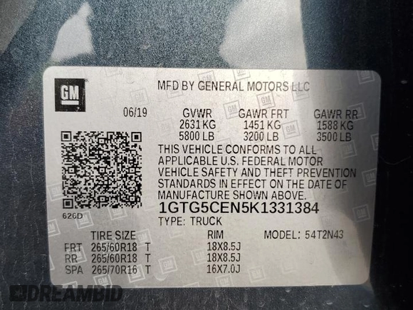 2019 GMC Canyon 2WD SLE with VIN 1GTG5CEN5K1331384, listed as a Copart auction lot 43317035 with 38,542 mi miles and Salvage Title. Bid and sale history available at carsss.com. Image 12.