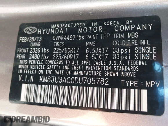 2013 Hyundai Tucson GLS with VIN KM8JU3AC0DU705782, listed as a IAAI auction lot 41804846 with 81,260 mi miles. Bid and sale history available at carsss.com. Image 9.