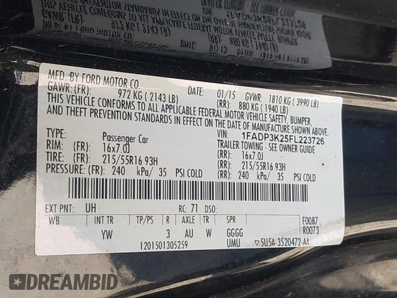 2015 Ford Focus SE with VIN 1FADP3K25FL223726, listed as a IAAI auction lot 42028526 with 43,047 mi miles. Bid and sale history available at carsss.com. Image 9.